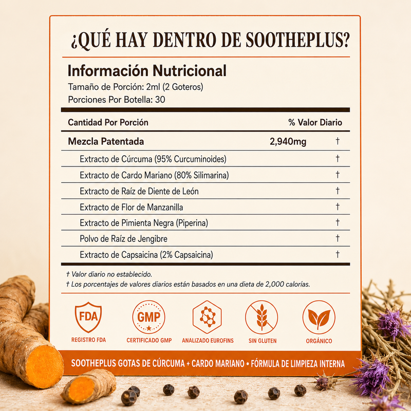SOOTHEPLUS - GOTAS DE CÚRCUMA + CARDO MARIANO PARA LIMPIAR TU HÍGADO
